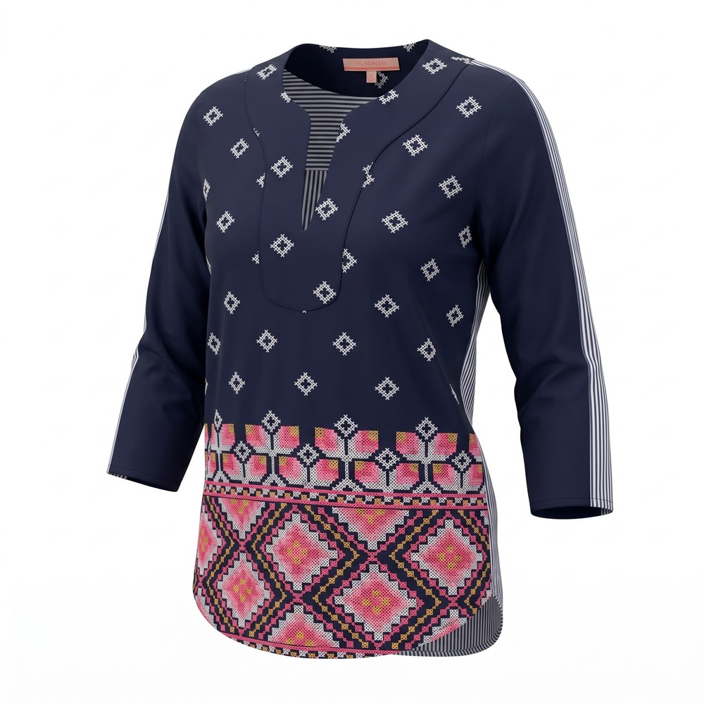Vilagallo Embroidered Cross-stitch Pinstripe Tunic Top 36 Navy Blue Boho  Preppy
